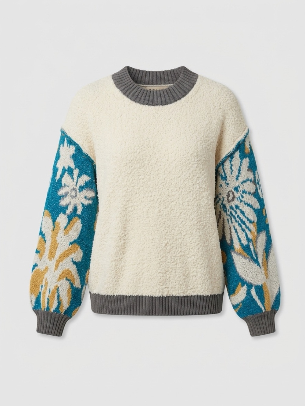 POL style chuncky Sweater with Teal and Mustard Floral Sleeves - Size Small